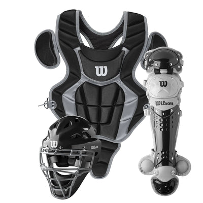 Wilson C200 youth catcher’s gear kit – black helmet, chest protector, and leg guards for ages 7–12