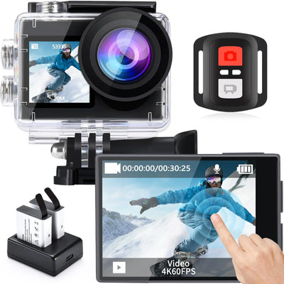 “icefox 4K action camera with 60FPS, 20MP resolution, 131FT waterproof case, app editing support, and wireless remote control”