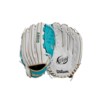 Wilson A500 Siren 2024 12.5 inch fastpitch softball glove – youth RHT, white teal metallic gold